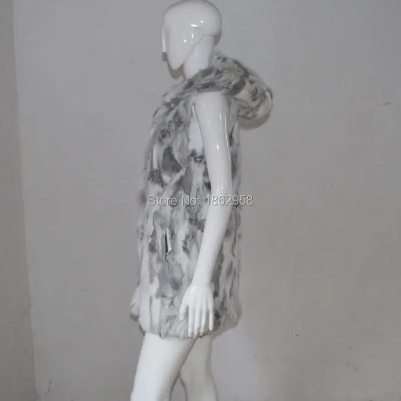 Жилет из натурального серого кроличьего меха с капюшоном фабрика Tongxiang Fur