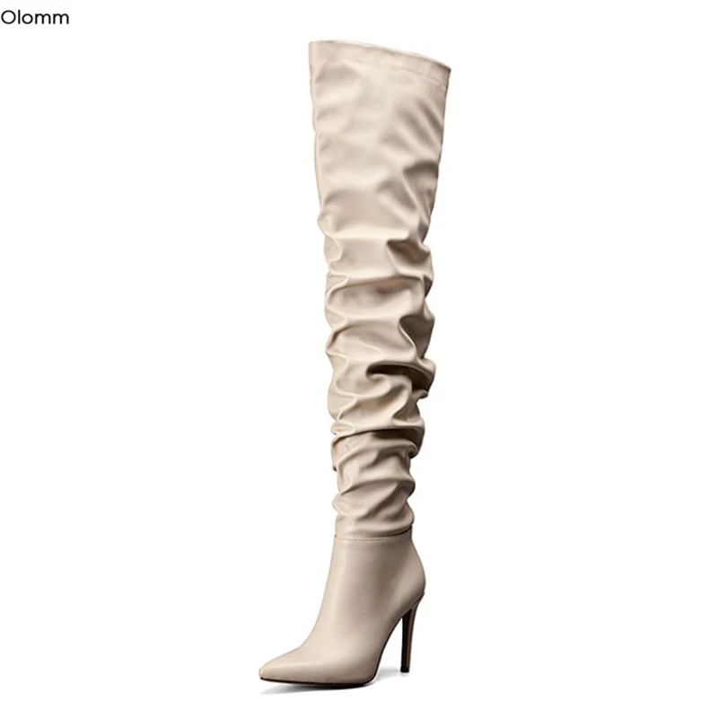Olomm/Новые модные женские весенние сапоги выше колена на тонком высоком каблуке