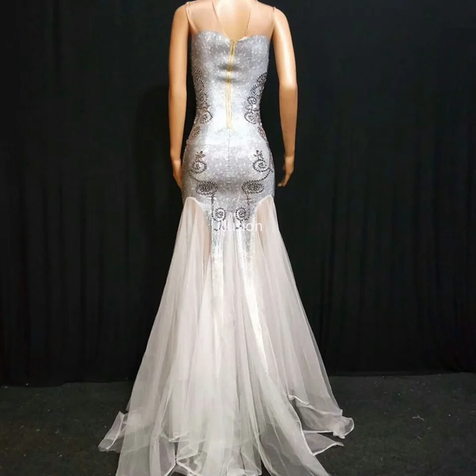

Sparkly Rhinestones White Mesh Sweater Long Dress Women's Crystal Birthday Night Party Tail Dress Female Singer Net Yarn Dresses