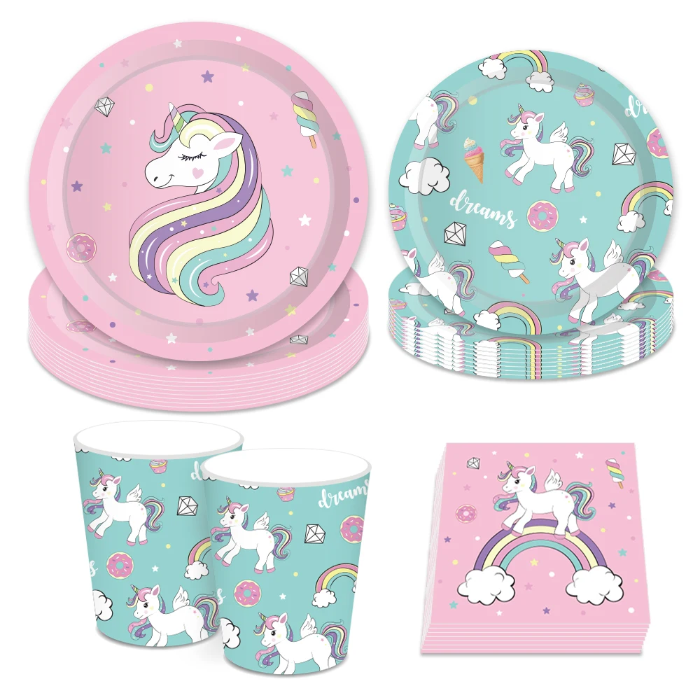 

Pink Unicorn Happy Birthday Party Decorations Baby Shower Rainbow Unicorn Disposable Tableware Sets Wedding Party Favors Supply