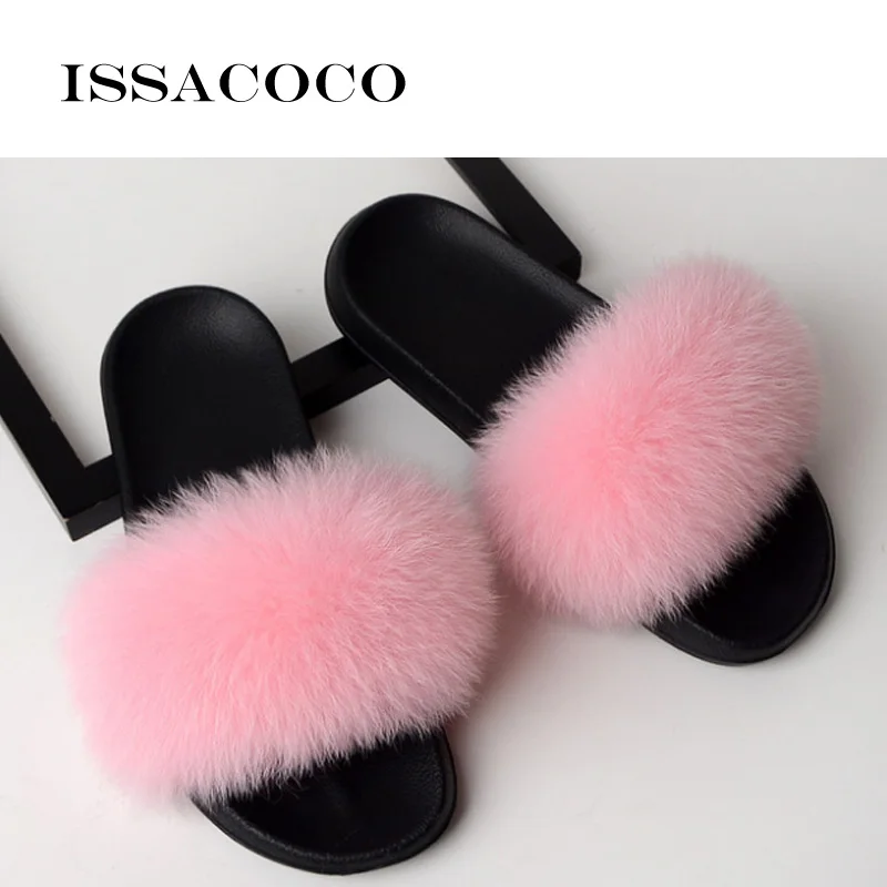 Pink ISSACOCO/летние женские меховые тапочки; женские шлепанцы из натурального Лисьего меха; Домашние меховые сандалии на плоской подошве; Женская милая пушистая домашняя обувь; вьетнамки - Цвет: Pink
