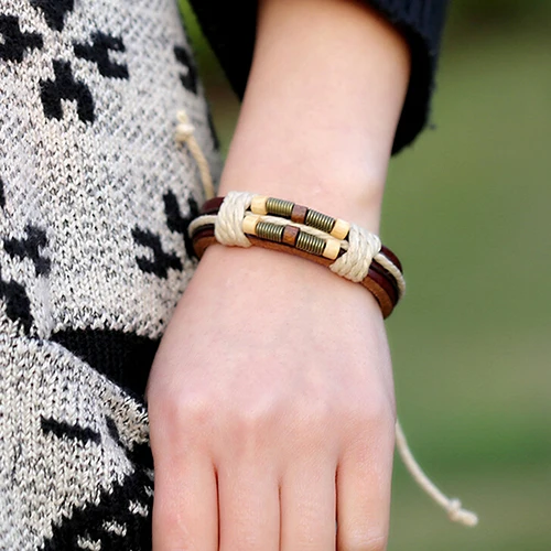 Мужской женский браслет в стиле панк Бронзовый весенний плетеный кожаный с