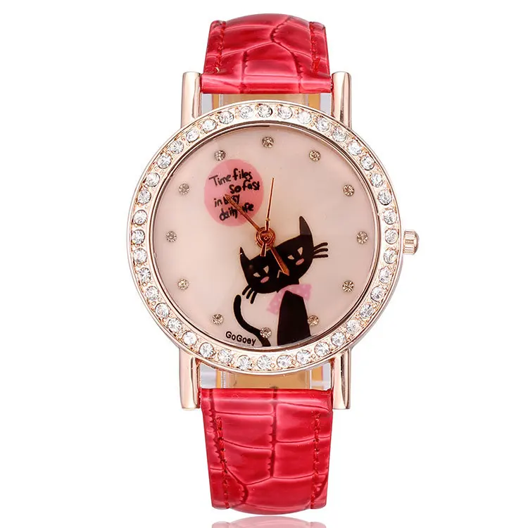Watches women luxury brand rose gold pu leather strap watches crystal rhinestones cute cat fashion casual designer dropship | Наручные