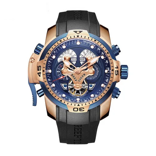 Reef Tiger Aurora Serier RGA3503 мужские спортивные военные многофункциональные автоматические механические наручные часы с циферблатом-резиновый ремешок для часов - Цвет: Серебристый