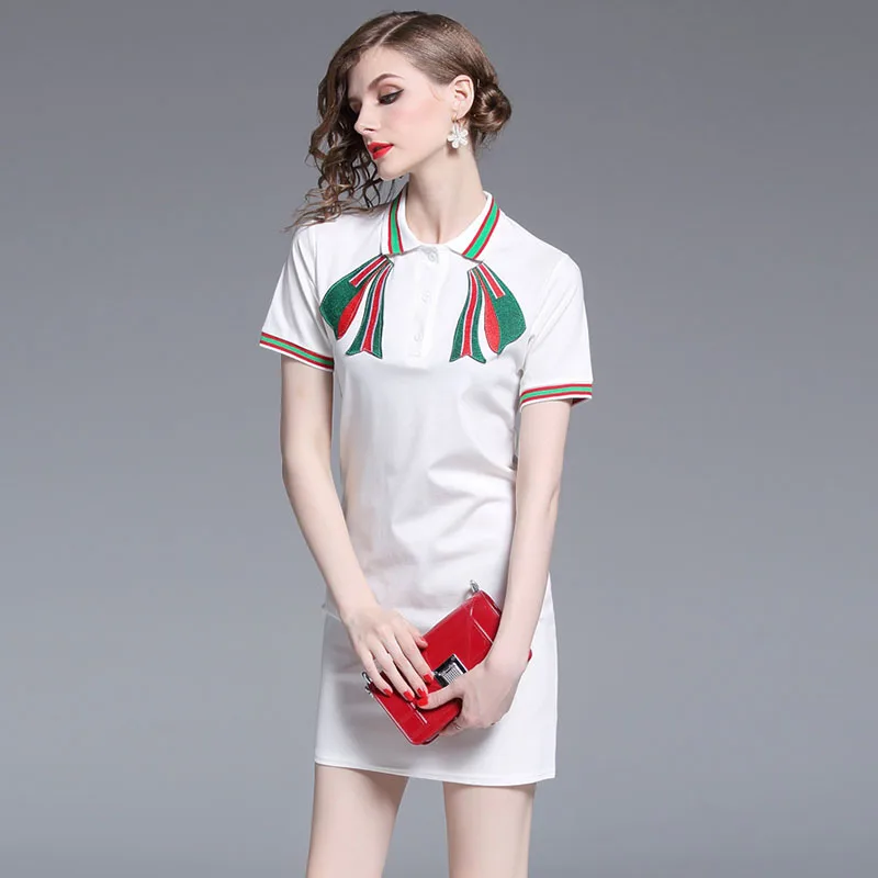 Женское летнее платье Повседневное с коротким рукавом Вышитое бантом белое