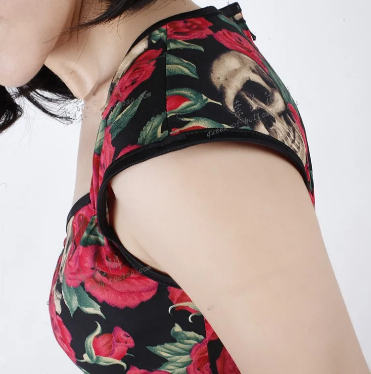 Женское винтажное платье миди с принтом черепа розы без рукавов рокабилли пинап