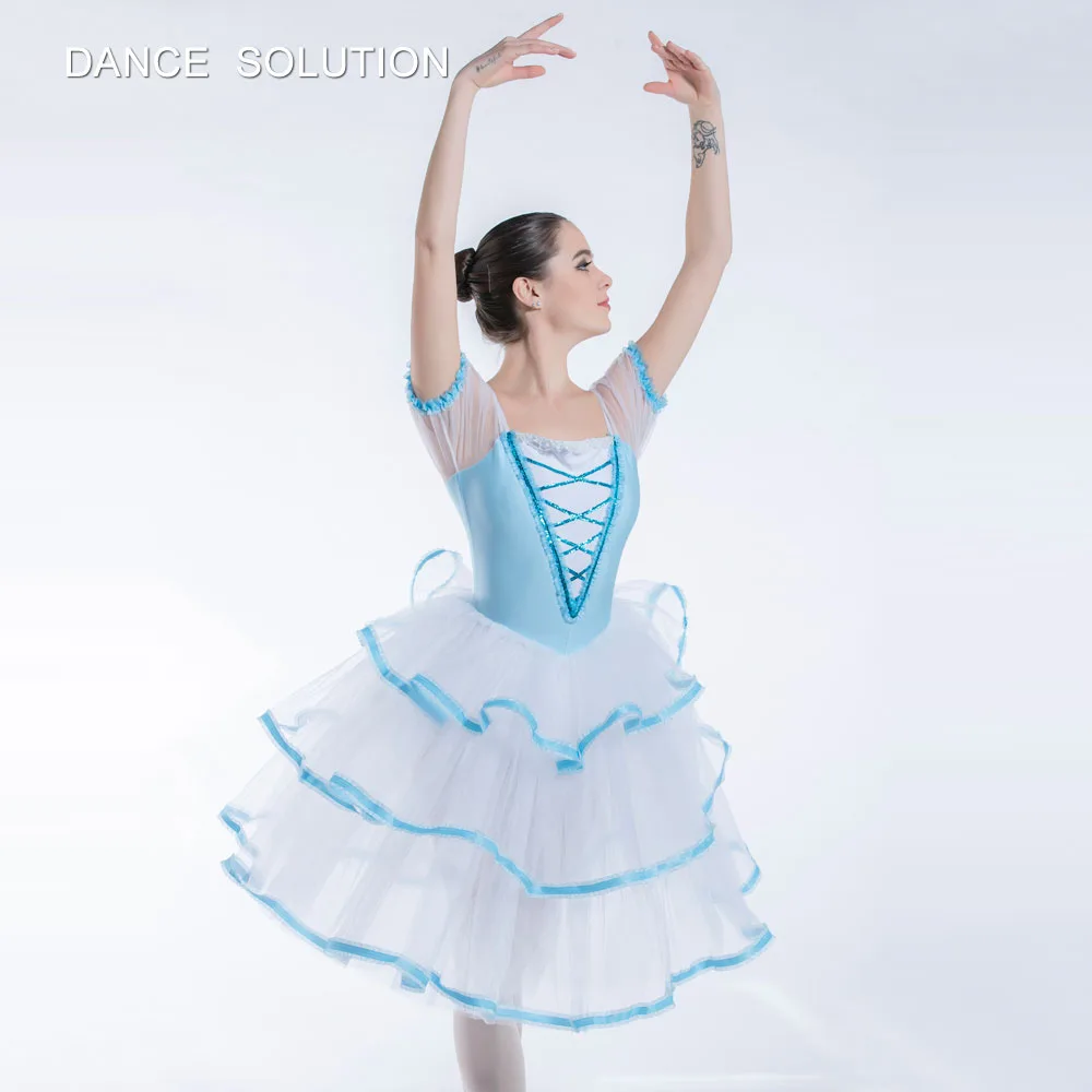 Бледно-голубой и белый топ из спандекса с 3-слойной тюлевой юбкой для женщин