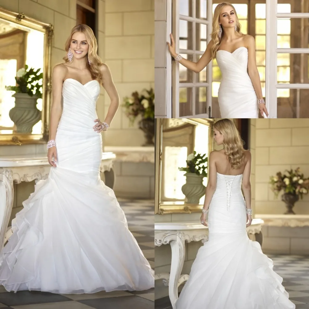 2015 New Arrival In Stock Mermaid Wedding Dresses Bridal Gown With Sweetheart Lace up Back Ruffles Draped Court Train ZH1213|gown couture|gown