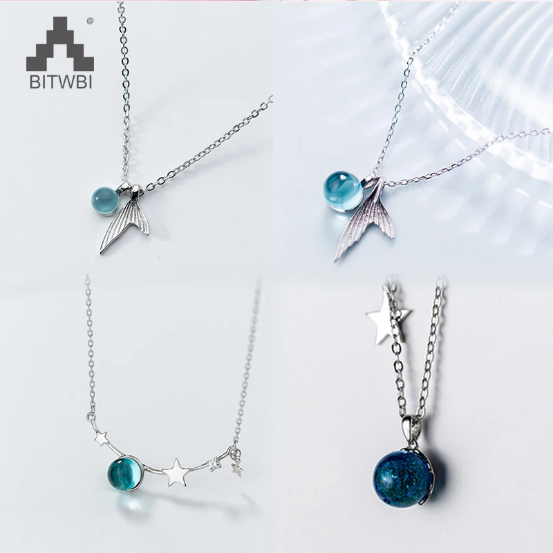 

925 Silver Necklace Blue Crystal Five-pointed Star Fish Tail Sweet Pendants Necklace Chain Jewelry for Women Girls