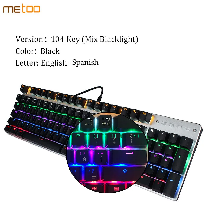 Spanish 104 key Metoo Edition с подсветкой светодиодный Игры Механическая клавиатура 87/104 ключей синий/черный/красный Переключатель Подлинная проводной клавиатуры русский/ английский - Цвет: Spanish 104 key