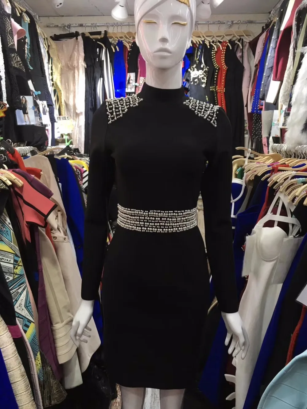 Бисер водолазка с длинными рукавами Черный спинки Коктейль бинты Summer2018 Vestidos