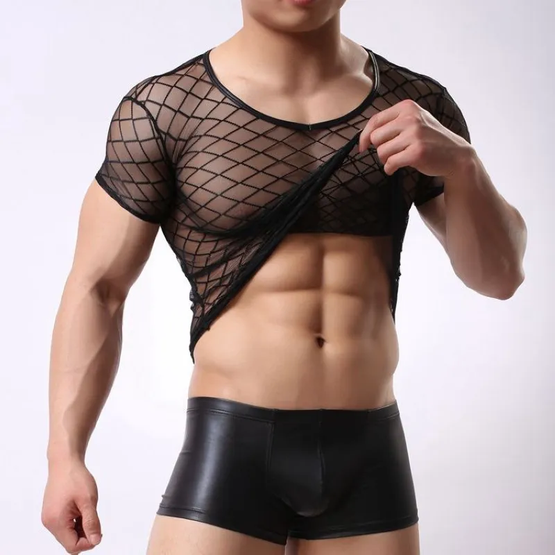 

Fad Men Rhombic Transparent Mesh Net Shirts Sexy Underwear Gym See Through Tank Tops Night Club Erotic Lingerie Erotic Clothes