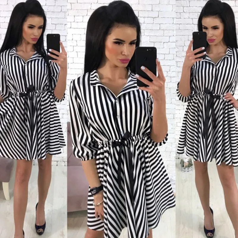 Женское винтажное черное Полосатое платье трапециевидной формы с коротким