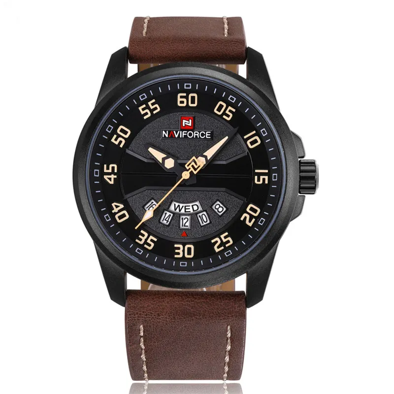 brown yellow Роскошный бренд NAVIFORCE мужские модные спортивные часы мужские кварцевые часы мужские кожаные водонепроницаемые военные наручные часы relogio masculino - Цвет: brown yellow