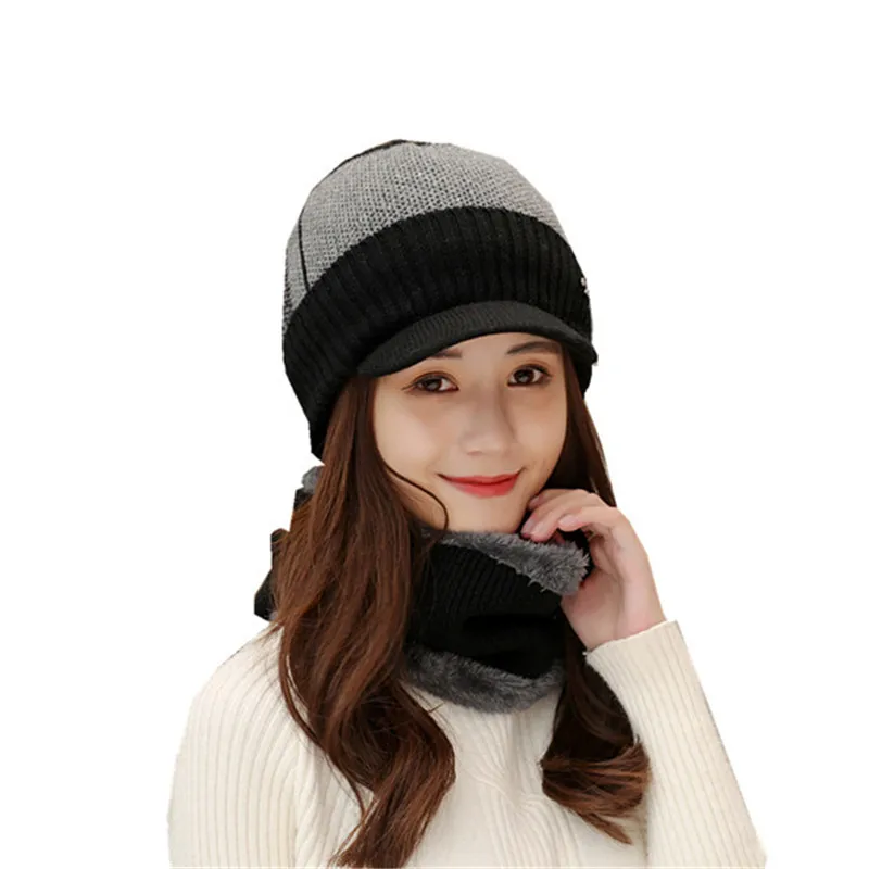 winter warm plush scarf cap two pc sets men fashion strip knitted beanie hats suits head wear boys girls accessory collars |