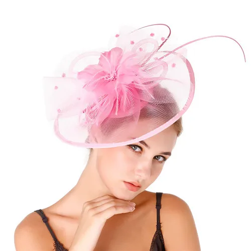 Pink FGHGF Fascinators Шапки для Для женщин цветок сетка ленты перо оголовье дамы Hairclip девушка Race Дерби Свадебные Чай вечерние Головные уборы - Цвет: Pink
