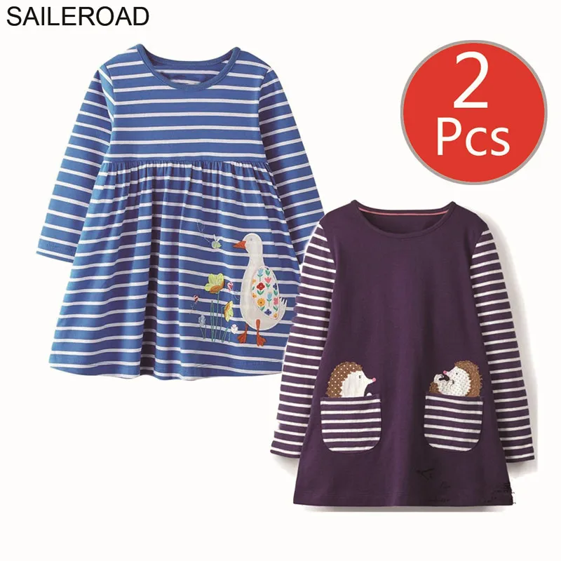 7098 7667 photo SAILEROAD 2 шт. Слон Аппликации Девушки С Длинным Рукавом Платье для 7 лет Одежда Для Девочек Животные Платья для Детей 6 Лет Вышивка - Цвет: 7098 7667 photo