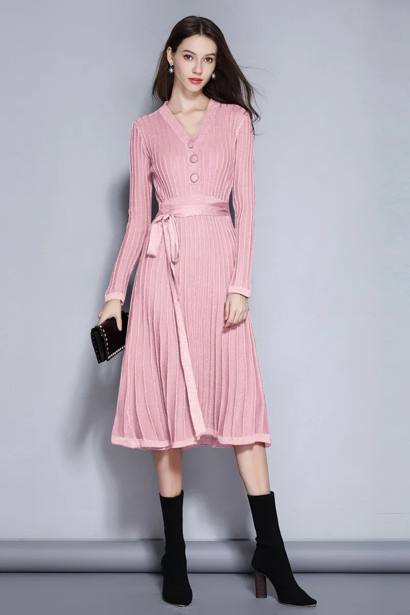 Pink 688 GIGOGOU винтажное длинное женское платье-свитер, трикотажное платье в рубчик с люрексом, блестящий пуловер, свитер, коктейльное чайное свободное платье, женский джемпер - Цвет: Pink 688