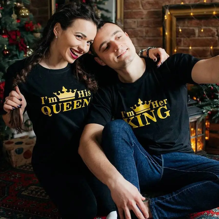 2019 New Couple Letter Print T shirt O-neck Cotton Black Funny Lover Tees I'm His Queen Her King Clothes Drop Ship | Женская одежда