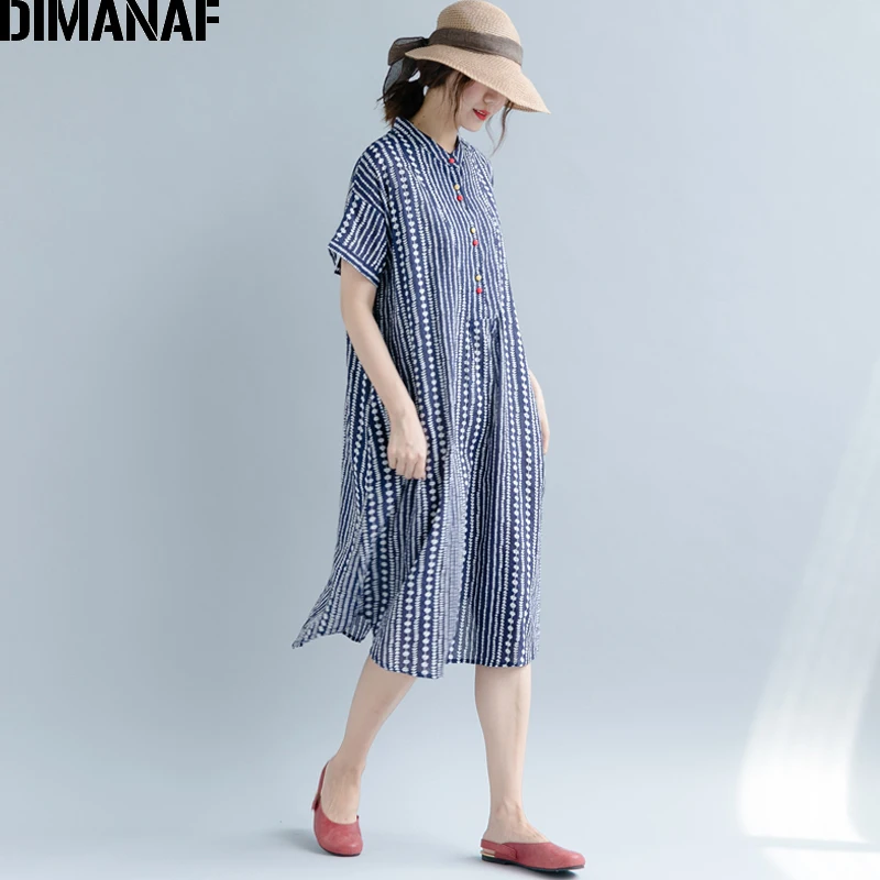 DIMANAF женское платье, летнее, размера плюс, хлопок, женское, повседневное, сарафан, тонкое, элегантное, для девушек, Vestidos, в полоску, синее, с принтом, свободное платье