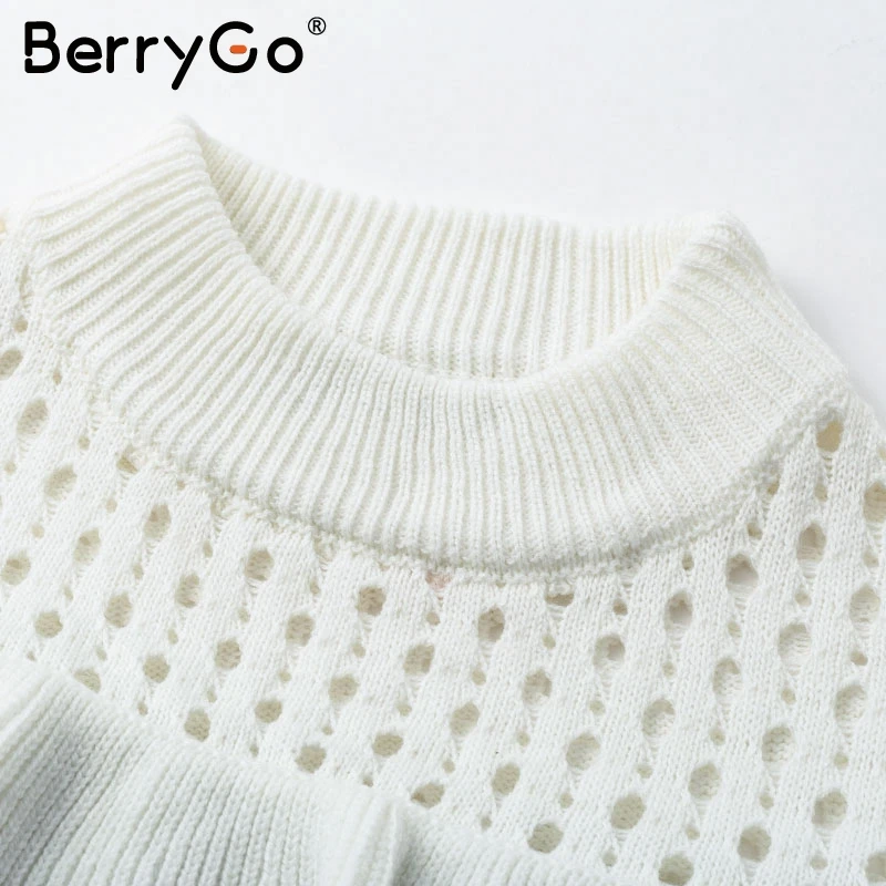 BerryGo Sexy hollow out ruffles knitted pullover Women casual striped sweater autumn winter 2018 Flare sleeve warm jumper female | Женская