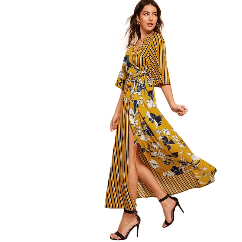SHEIN платье в полоску с цветочным принтом, платье с вырезом, рукав три четверти, женские платья с высокой талией, весенне-осенние платья