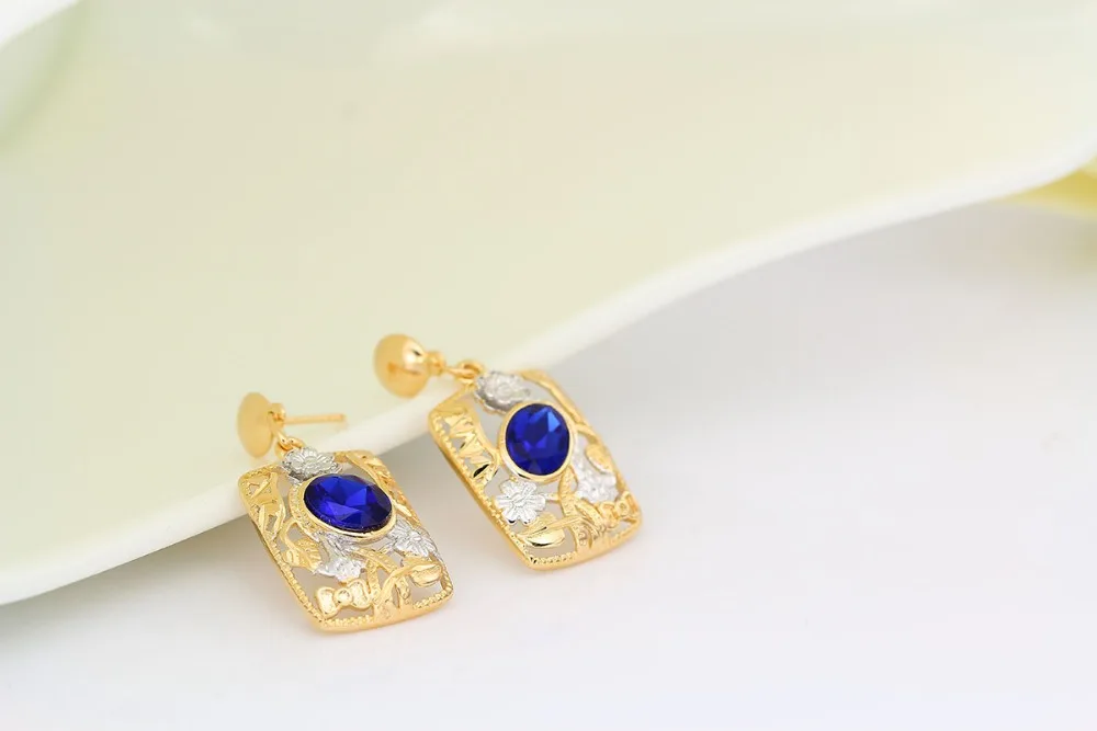 Exclusive Blue Empress Square Necklace Gold Color With Hollow Rectangle Sliver Stud Earrings Women Jewelry Sets|necklace white gold|gold artnecklace