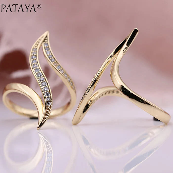 PATAYA, новинка, тонкая гипербола, кривая, женские кольца, белый, Круглый, микро воск, инкрустация, натуральный циркон, 585, розовое золото, модное ювелирное изделие, уникальное кольцо