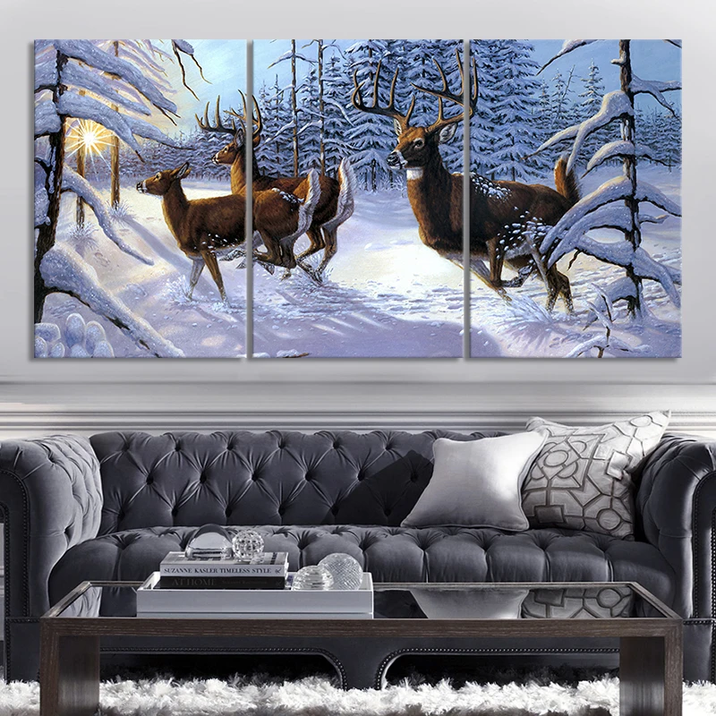 

3 Piece Deer Running Snow Landscape Oil Painting on Canvas Sunset Wall Picture Home Decor Art Work Wall Sticker Fashion Gift