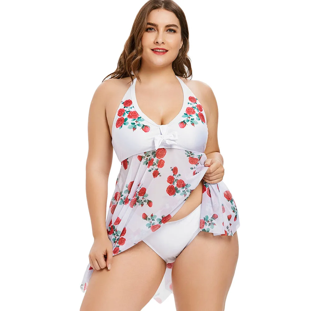 Wipalo Plus Size Flower Sheer Women Set Summer Padded Backless Mesh Top Low Waist Briefs Two Piece Sets Bathing Suit Beach Wear|Спортивные