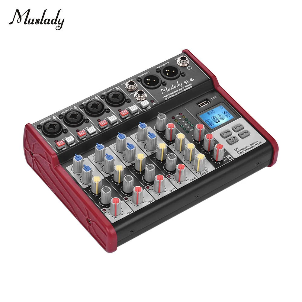 Muslady SL-6 6-канальный смешивания консольный микшер 2-полосным эквалайзером встроенный 48V Phantom Мощность поддерживает подключения BT USB MP3 плеер для ди-джей