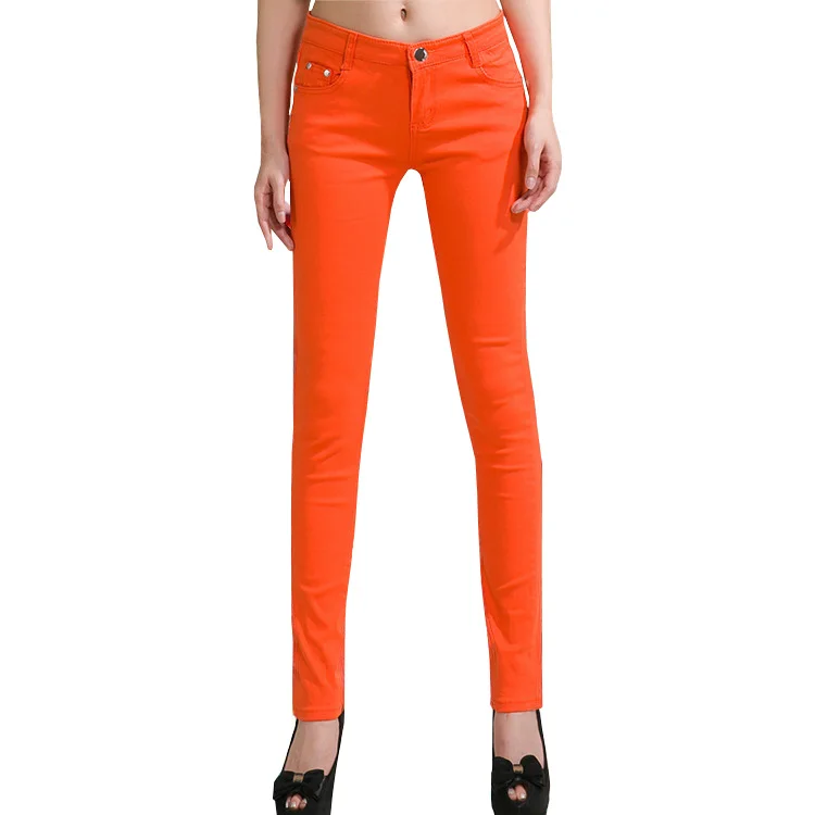 Orange Jeans Женские джинсы, яркие брюки, узкие джинсы, женские эластичные облегающие брюки, средняя талия, полная длина, на молнии, Стрейчевые узкие женские штаны - Цвет: Orange Jeans