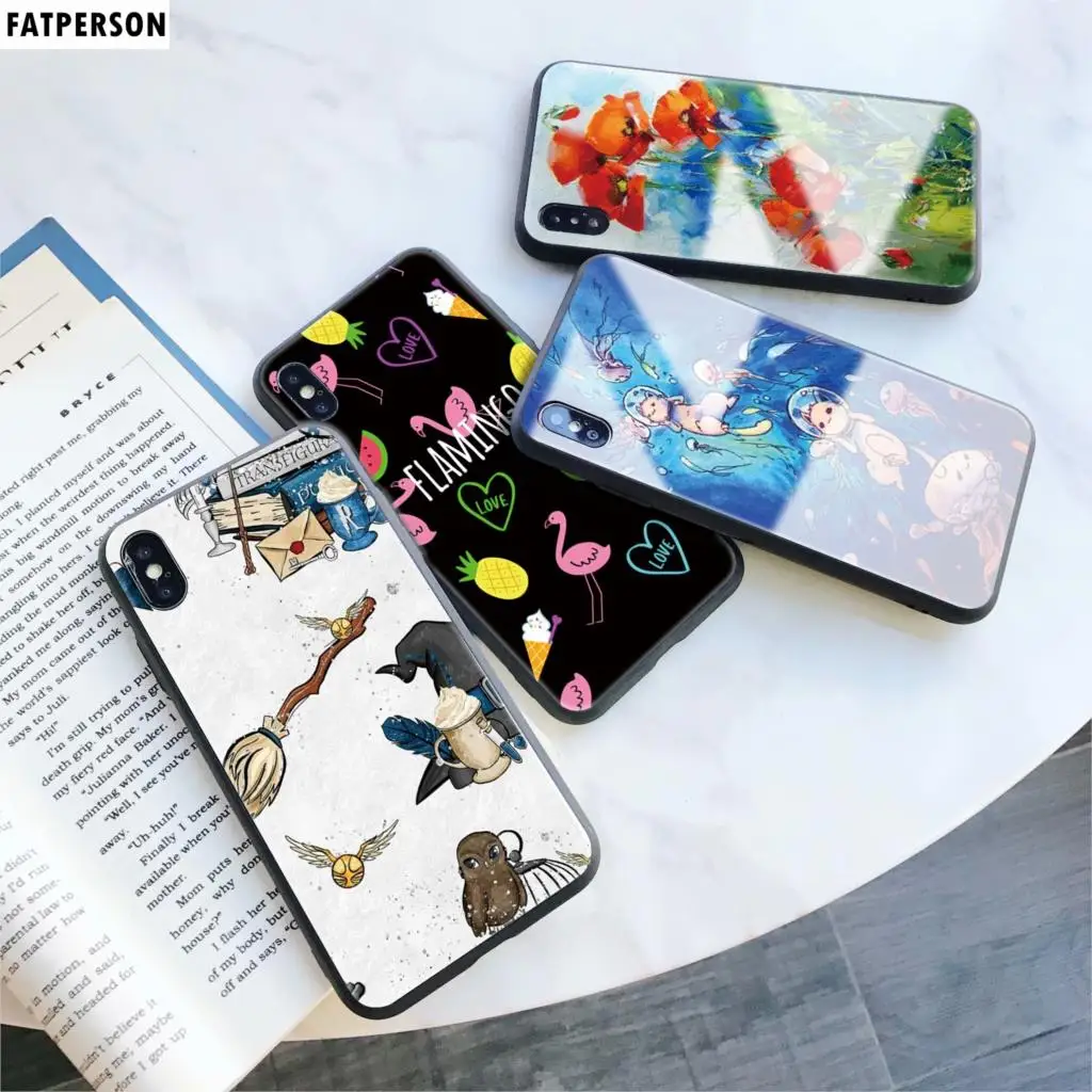 Цветок чехол из закаленного стекла для телефона iphone 5 6 мультфильм 7 8 6s 6splus 7plus 8plus x