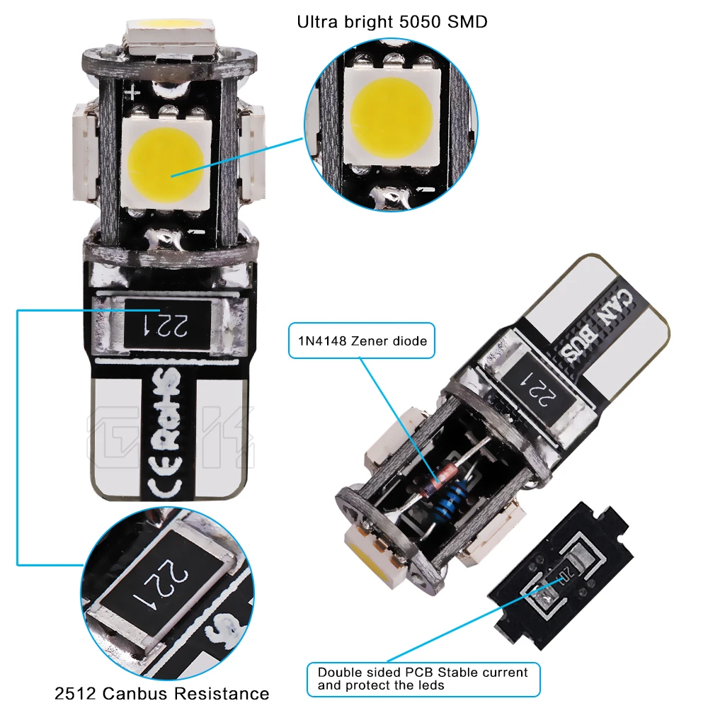 Автомобильная светодиодная лампа Canbus T10 5smd 5050 4 шт./лот W5W 194 5 светодиодов без