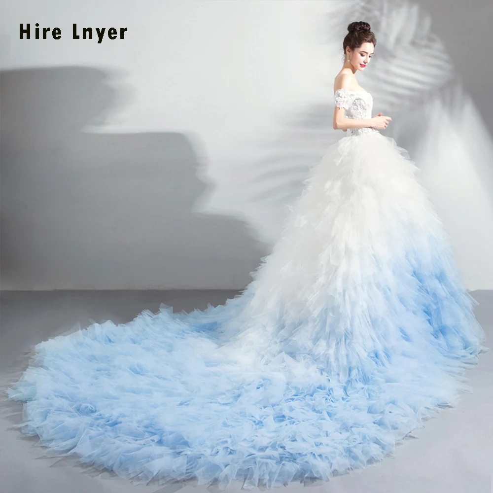 Robe De Mariee Princesse De Роскошная с открытыми плечами, с короткими рукавами, бело-синяя юбка, бальное платье принцессы, свадебные платья