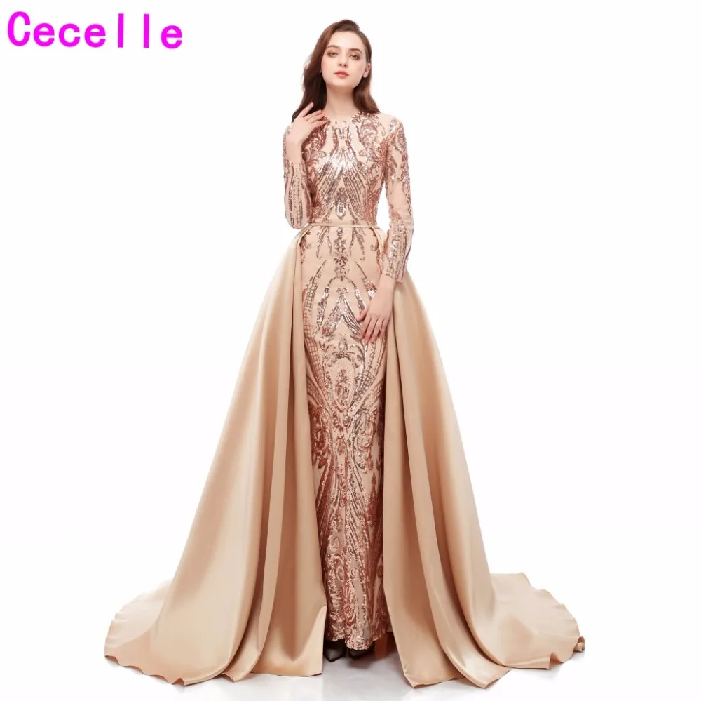 Goede 2019 Hot Verkoop Champagne Pailletten Mermaid Avondjurken Lange Mouwen Afneembare Rok Afrikaanse Zwarte Meisjes Avond Party Dress