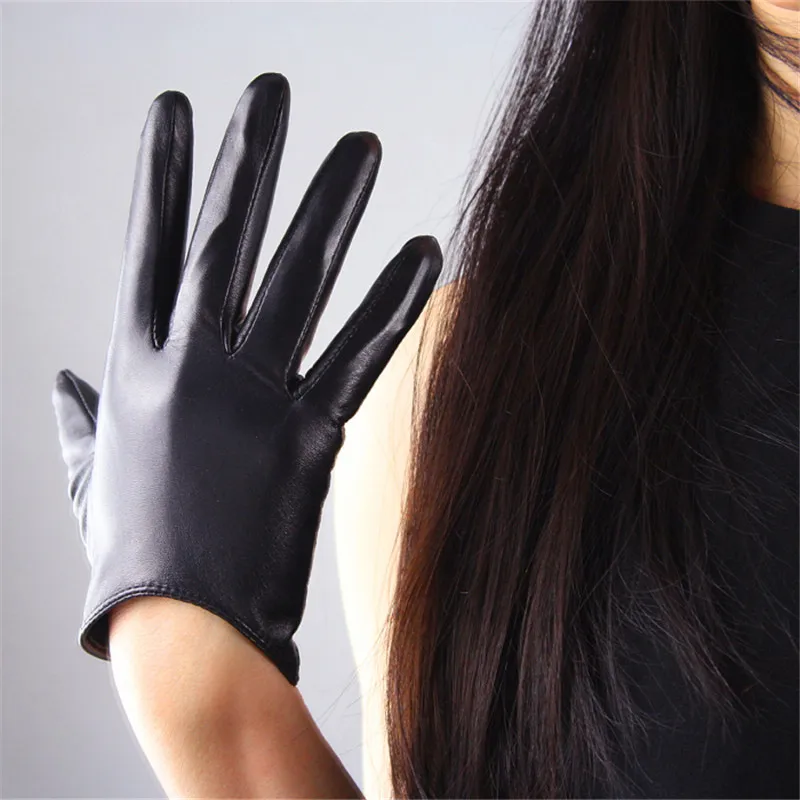

Genuine Leather Pure Sheepskin Gloves Female Fashion Black European Version Slender Cut Simple Style Woman Gloves TB78