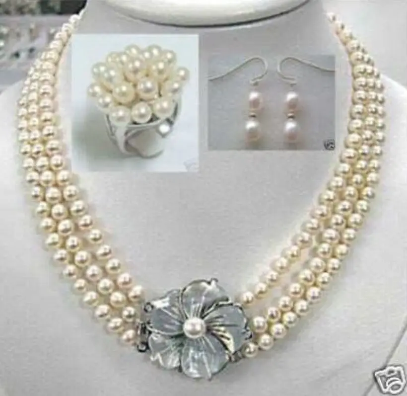 

*****Graceful 3 Rows White Pearl Necklace Ring Earrings Jewelry Set (C0322)
