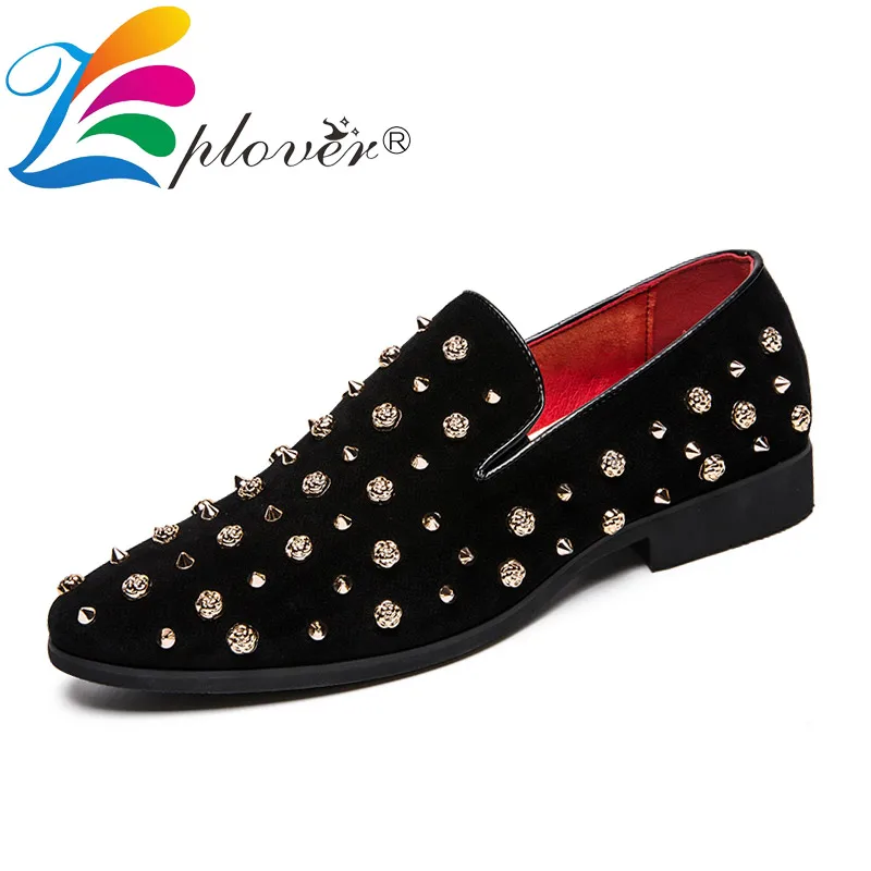 Rivet Black Men Loafers Flock Italian Shoes Casual Wedding Party Men's Flats Luxury Brand Slip on Footwear | Обувь