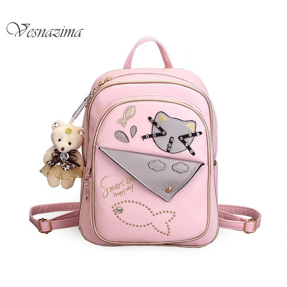 Женщины Cat искусственная кожа рюкзаки для девочек розовый подросток рыбы