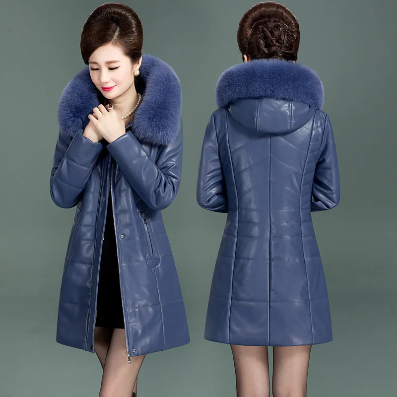 Blue Пальто из искусственной кожи с хлопковой подкладкой, зимняя женская парка, женский меховой воротник размера плюс, 6XL, теплая длинная верхняя одежда, пуховик с капюшоном, Okd446 - Цвет: Blue