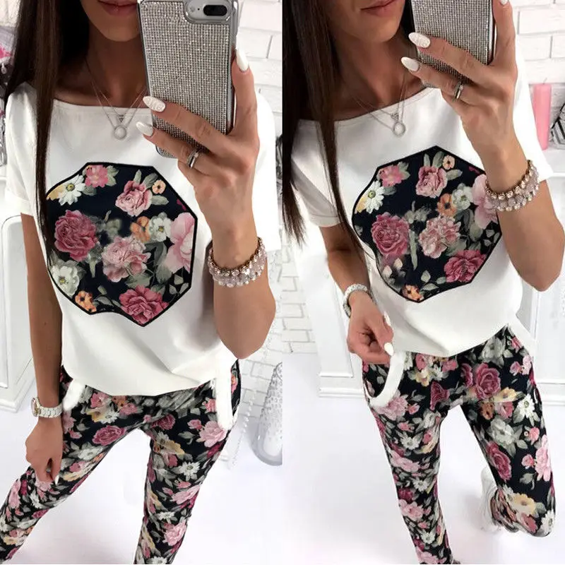 Из 2 предметов Для женщин Мода Повседневное Цветочный принт пуловер Топы