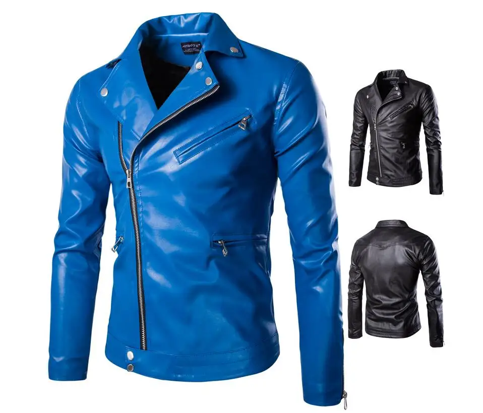 

mens leather jacket slim motorcycle coat jackets Diagonal zipper clothes personalized stage street dance rock fashion black blue