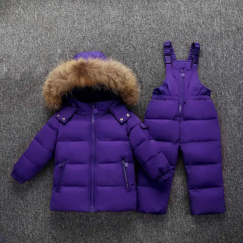 Purple Одежда для девочек и мальчиков детские куртки с капюшоном+ комбинезон, штаны детская одежда на утином пуху плотная верхняя одежда с мехом енота, костюм детская одежда - Цвет: Purple