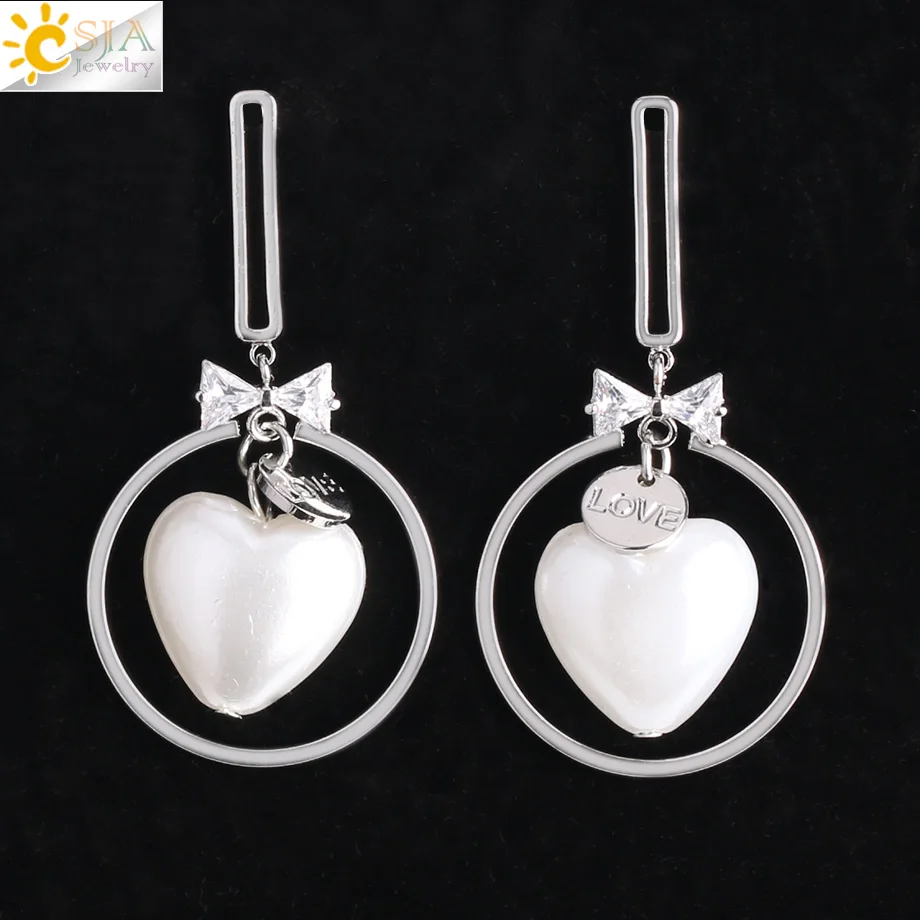 CSJA Korean Silver Color Stud Earrings Love Heart Stone Bow-knot Zircon Pendant Fashion Jewelry for Women Girls Charm Gifts G037 | Украшения