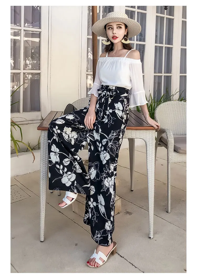 Летние новые винтажные Свободные Штаны Boho с высокой талией, свободные длинные женские брюки с цветочным принтом, повседневные женские пляжные штаны для отдыха