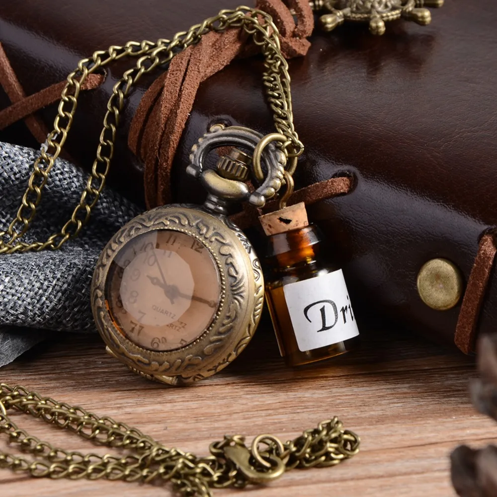 Винтажные стеклянные карманные часы Alice In Wonderland Drink Me Bottle темно-коричневого цвета с откидной крышкой, кварцевые часы для женщин, подарок для девушек, ожерелье в стиле стимпанк
