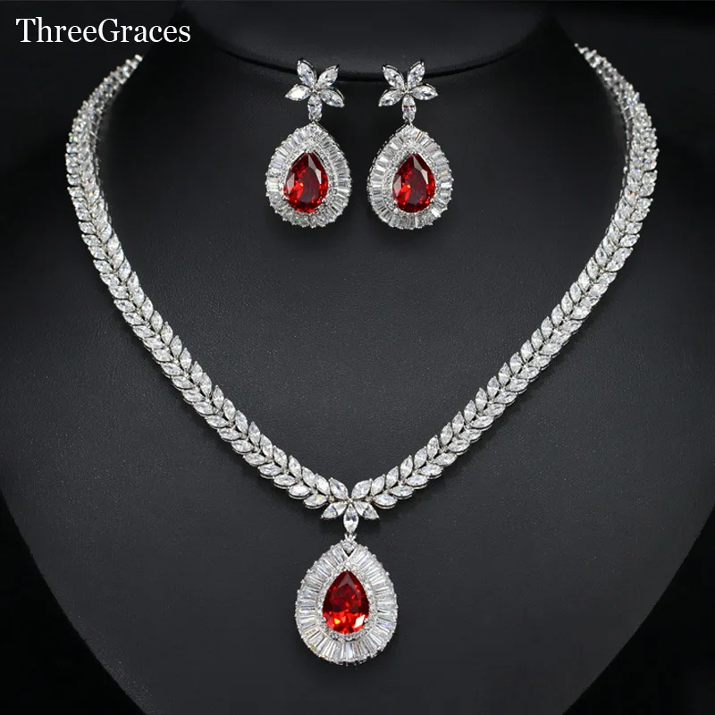 red ThreeGraces Классический CZ камень горячий красный Хрустальный цветок большая капля воды серьги ожерелье свадебный набор украшений для женщин JS174 - Окраска металла: red