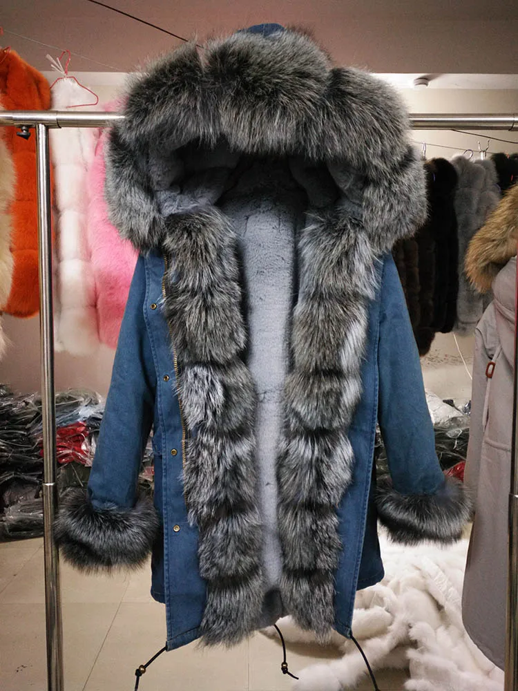 color 3 fox fur Натуральный мех длинный Лисий Мех животных пальто Джинсовая куртка с капюшоном верхняя одежда Плотные пуховики Для женщин зима натуральный натуральным лисьим меховой воротник Пальто для будущих мам - Цвет: color 3 fox fur