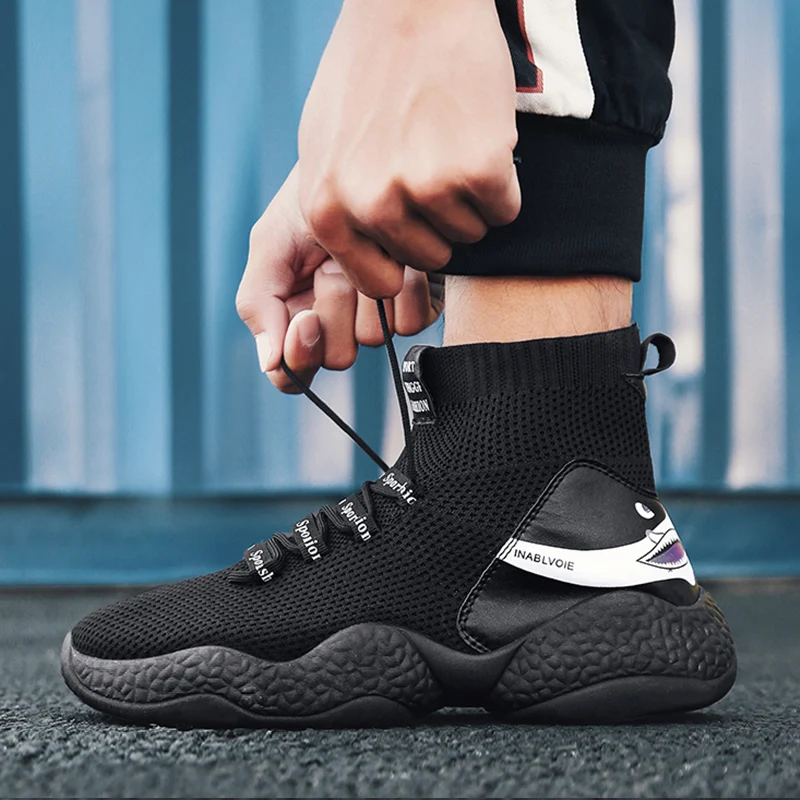 BomKinta Plus Fur Shark Printed Designer Casual Shoes Men Breathable Mesh Sneakers High Top Stretch Male Footwear | Обувь